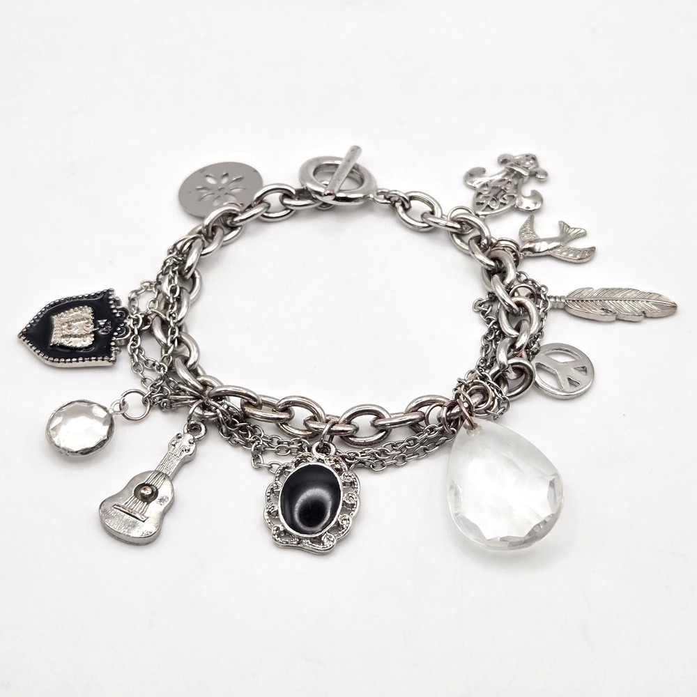 Silver Tone Chain Charm Bracelet Toggle Clasp Crown‎ Guitar Bird Fleur-de-lis